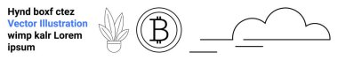 Saksı bitkisi, Bitcoin simgesi, yatay çizgileri olan soyut bulut ve metin elementleri. Finans, doğa, teknoloji, kripto para birimi, markalaşma minimalizmi düz iniş sayfası afişi için ideal