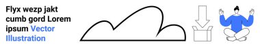 Bulut çizgisi, aşağı doğru ok, veri depolamayı sembolize eden bir kutuya ve meditasyon yapan bir insan. Teknoloji, bulut hizmetleri, veri transferi, rahatlama odağı, minimalizm, üretkenlik için ideal basit
