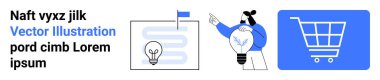 Bayrak yollu ampul fikri, yenilik taşıyan insan, alışveriş arabası. Yenilik, pazarlama, iş büyümesi, strateji, çevrimiçi alışveriş, yaratıcı planlama için ideal basit iniş sayfası