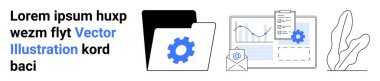 Dizin, vites simgesi, e-posta zarfı, analitik çizelge, pano ve dekoratif bitki. İş, organizasyon, teknoloji üretkenlik iş akışı iletişimi için ideal basit iniş sayfası