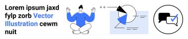 Meditasyon yapan adam, analizleri gösteren çizelgeler, işbirliği için sohbet baloncukları. Farkındalık, takım çalışması, analitik, veri görselleştirme, stres yönetimi, iletişim odaklı basit iniş sayfası için ideal