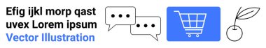 Alışveriş arabası ikonu, sohbet baloncukları, metin elemanı ve minimalist organik ürün çizimi. Çevrimiçi alışveriş, iletişim, UIUX, pazarlama, çevre dostu temalar ve basit markalar için ideal