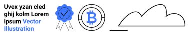 Üzerinde işaret olan mavi sertifika rozeti, çemberin içinde Bitcoin logosu ve minimalist bulut çizgisi sanatı. Güven doğrulama, kripto para birimi, bulut depolama, fintech, engelleme zinciri, sanal