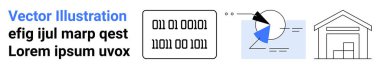 İkili kod bloğu, oklu pasta tablosu ve bina yapısı veri analizlerini, teknik ilerlemeyi ve işlemleri iletir. Teknoloji, veri bilimi, analitik, lojistik kodlama eğitimi için ideal basit