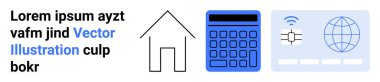 Ev hattı, hesap makinesi, çipli kredi kartı ve finans, dijital ödeme, gayrimenkul, online alışveriş, küresel bağlantı, hesaplamalar ve basit bir iniş sayfasını temsil eden dünya.