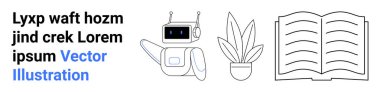Parlak ekranlı robot, açık kitap sayfaları ve yapraklı saksı bitkisi. Eğitim, teknoloji, yenilik, öğrenme, yaratıcılık, modern tasarım ve düz iniş sayfası afişi için ideal