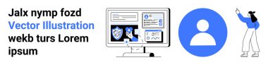 Analiz, grafik ve güvenlik seçeneklerini gösteren bilgisayar ekranı. Bir profil simgesi ve işaret eden kişi eklendi. Veri yönetimi, kullanıcı hesapları, siber güvenlik, teknoloji sayfaları, web tasarımı için ideal