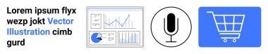 Veri tablosu ekranı, mikrofon sembolü ve dijital alışveriş arabası simgesi sıraya dizildi. Teknoloji, e-ticaret, analitik, iletişim, pazarlama, alışveriş trendleri için ideal basit iniş sayfası