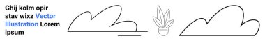 İki stilize bulutun ve sivri yapraklı saksı bitkisinin yer aldığı soyut bir çizgi. Eko-tasarım, minimalizm, çevre, doğa, dekorasyon, markalaşma, basitlik, düz iniş sayfası için ideal