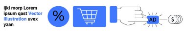 Yüzde indirimi, alışveriş arabası, el tıklama düğmesi, dolar sembolü. Çevrimiçi pazarlama, e-ticaret, PPC kampanyaları, satış promosyonu, dijital perakende reklam analizleri için ideal basit