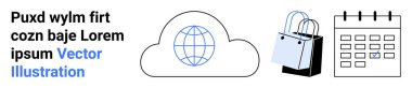 Küre, alışveriş torbaları ve küresel bağlantıyı, e-ticareti ve zamanlamayı vurgulayan takvim içeren bulutlar. Teknoloji için ideal, çevrimiçi alışveriş, lojistik, planlama zamanı yönetimi küresel