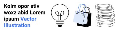 Ampul yaratıcılığı simgeler, alışveriş torbası perakende veya e-ticareti temsil eder, istiflenmiş paralar maddi büyümeyi simgeler. İş için ideal, yenilik, girişimler, alışveriş, ekonomi, e-ticaret dairesi