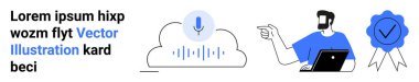 Bulutta ses dalgaları olan bir mikrofon simgesi elinde dizüstü bilgisayar ve işaretli bir rozet tutan bir adam. AI, teknoloji, yenilik, iletişim, eğitim, dijital dönüşüm dairesi için ideal