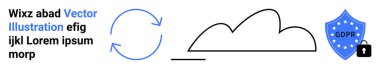 Veri senkronizasyonunu vurgulayan dairesel ok, depolamayı sembolize eden bulut şekli, GDPR korumasını gösteren kalkan. Veri gizliliği, bulut bilgisayarı, uyum, bilişim hizmetleri, yedekleme için ideal