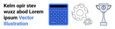 Mavi hesap makinesi, dönen dişliler, kupa problem çözme önerisi, üretkenlik, başarı, takım çalışması, yenilik, iş stratejisi. Eğitim motivasyon teknolojisi için ideal tema basit iniş temaları