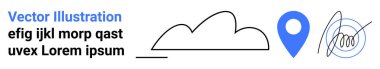 Basit bulut çizgisi, mavi lokasyon iğnesi, soyut karalama, minimum modern grafikler. Teknoloji, navigasyon, hava durumu, yaratıcılık, sanat kavramları, basit iniş sayfaları için ideal