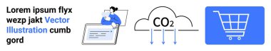 Bir tablet, karbondioksit oklu karbon bulutu ve bir alışveriş arabası ikonu hakkındaki bilgileri inceleyen kişi. Teknoloji, çevre, e-ticaret, araştırma, sürdürülebilirlik, basit iniş için ideal
