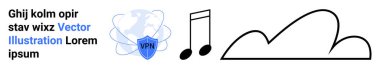 Bir bulut anahatının yanında müzik notaları ve soyut Latince metni olan bir VPN kalkan simgesi. Teknoloji, güvenlik, eğlence, veri, yaratıcılık, bağlantı, basit iniş sayfası için ideal