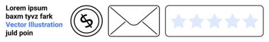 Yuvarlak dolar işareti, kapalı zarf ve beş yıldızlı derecelendirme sembolleri. İş, iletişim, geri bildirim, eleştiriler, müşteri memnuniyeti için ideal. Soyut çizgi düz metafor