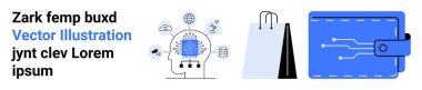 İnsan kafası dijital simgelerle çevrilidir. Bağlantıyı, alışveriş torbalarını ve devreli dijital cüzdanı temsil eder. Fintech, teknoloji, alışveriş, yapay zeka kavramları, ağ oluşturma, yenilik için ideal