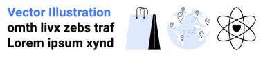 Alışveriş torbası, küresel lokasyon iğneleri ağı, ve kalpli atom yapısı, ticareti, bağlantıyı, bilimi ve tutkuyu temsil ediyor. Teknoloji ve pazarlama için ideal.