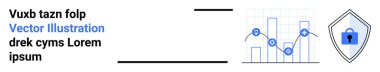 Üzerinde asma kilit olan bir güvenlik kalkanı olan çubuk ve çizgi grafiği. Veri analizi, siber güvenlik, istatistik, iş büyümesi, teknoloji, şifreleme, düz iniş sayfası afişi için ideal