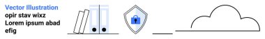 Kitaplar, güvenlik için kilit ikonlu kalkan, doğrusal bulut. Veri koruması, siber güvenlik, bulut depolama, çevrimiçi yedekleme, dijital eğitim, bilişim çözümleri düz iniş sayfası afişi için ideal