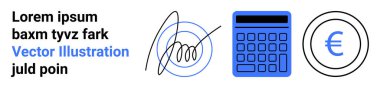 El yapımı imza, düğmeli mavi hesap makinesi, daire şeklinde avro para birimi simgesi. Finans, iş, muhasebe, sözleşmeler, anlaşmalar, basit iniş sayfaları için ideal