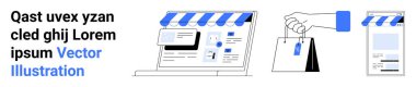 Dükkanlı dizüstü bilgisayar, alışveriş çantası ve çevrimiçi mağaza için mobil arayüz. E-ticaret, perakende satış, dijital pazarlama, çevrimiçi ödeme, alışveriş uygulamaları, çevrimiçi iş için ideal