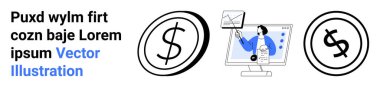 Dolar sikkeleri ve veri analizi ile dijital grafik sunan kişi. Finans, iş, yatırım, ekonomi, sunumlar, planlama, eğitim için idealdir. Soyut çizgi düz metafor