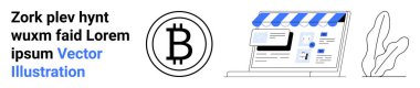 Mavi tente ile çevrimiçi mağaza arayüzü, kripto para kullanımını temsil eden Bitcoin logosu ve minimalist bitki grafiği. Ekommerce, kripto para birimi, fintech, ödeme sistemleri, engelleme zinciri için ideal