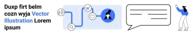 Alışveriş arabası, kalp ve bildirim simgeleriyle bağlantılı bir kullanıcı profili, konuşma balonunun ve işaret eden kişinin yanında. İletişim için ideal, geribildirim akışı, ekommerce, sosyal medya, kullanıcı yolculuğu