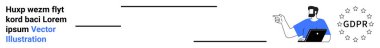 Adam dizüstü bilgisayar tutarken GDPR uyum sembolünü işaret ediyor. Veri gizliliği, siber güvenlik, teknoloji, yasal politika, düzenlemeler, eğitim, dijital dönüşüm için idealdir. Düz iniş sayfası