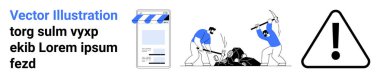 İnşaat işçileri, dijital platform arayüzü ve uyarı işaretinin bitişiğindeki zemini yıkmak için araç kullanıyorlar. Güvenlik, inşaat, teknoloji, takım çalışması, yenilik ve dijital için ideal