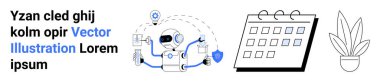 Yapay zeka, organizasyon ve verimliliği sembolize eden, takvim ve bitki dışındaki işleri yöneten teknoloji ikonlarına sahip bir robot. Teknoloji, takım çalışması, programlama, yenilik, planlama otomasyonu için ideal