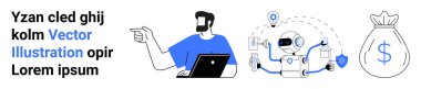 Dizüstü bilgisayarda çalışan adam, teknoloji simgeleriyle birden fazla iş yapan yapay zeka robotu ve finansmanı simgeleyen para çantası. Teknoloji için ideal, yapay zeka yeniliği, iş çözümleri, otomasyon, fintech, takım işbirliği düz