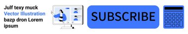 Kullanıcı avatarlarını gösteren bilgisayar, büyük mavi abonelik düğmesi, hesap makinesi. Çevrimiçi hizmetler, dijital pazarlama, finans, eğitim, kullanıcı etkileşimi için ideal, basit iniş sayfasına eylem çağrısı