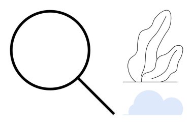 Soyut bitki ve bulut yakınlarındaki büyüteç, keşfi, analizi, büyümeyi, bilgiyi sembolize ediyor. Araştırma, çevre, eğitim, yenilik yaratıcılık keşfi için ideal basit iniş