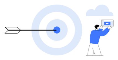 Ok hedefi vuruyor, video paneli tutan kişi. Başarı, pazarlama, strateji, hedef belirleme, dijital araçlar, iş odakları, basit iniş sayfası