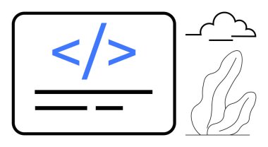 Sembollü kodlama paneli, metin satırları, bulut çizimi ve soyut bitki. Kodlama, yazılım, web geliştirme, eğitim, dijital öğrenme yaratıcılığı için ideal basit iniş sayfası