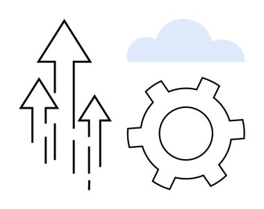 Yukarı bakan oklar ilerlemeyi ve büyümeyi temsil eder, dişliler süreçleri, bulut ise bulut hesaplamasını simgeler. Yenilik, teknoloji, veri yönetimi, strateji, takım çalışması ve süreç için ideal