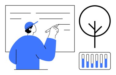 Not yazan ya da beyaz tahtaya çizen kişi, ağaç parmaklı yapı, veri takibi için bar çizelgesi. Eğitim, beyin fırtınası, planlama, veri görselleştirme, yaratıcılık, takım çalışması için ideal