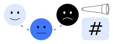 Değişen duyguları ifade eden üç yüz, ilerlemeyi gösteriyor. Bir teleskop keşfi ima ederken, bir üstveri etiketi dijital bağlantıyı iletir. İletişim, duygu ve psikoloji için ideal