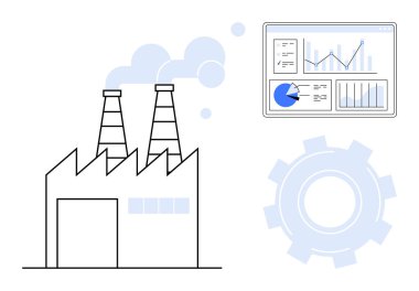 Duman yayan bacaları olan bir fabrika, grafik ve grafikleri gösteren bir veri analizi paneli ve endüstriyel süreçleri temsil eden bir dişli ikonu. Teknoloji, üretim ve analitik için ideal.