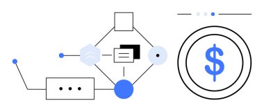 Bir dolar sembolüne öncülük eden bağlantıları ve simgeleri olan soyut veri akışı elemanları. Teknoloji, işlem haritalama, finans, dijital sistemler, otomasyon, yatırım, basit iniş sayfası için ideal