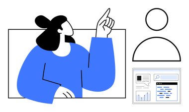 Video çerçevesinde yukarıya bakan bir kadın, kullanıcı profili simgesi ve analitik gösterge arayüzü. Çevrimiçi öğrenme, web siteleri, sanal toplantılar, eğitim, dijital araçlar, kullanıcı yönetimi için ideal