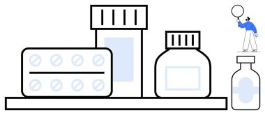 İlaç şişeleri, hap paketleri ve küçük bir insanın elinde tuttuğu küçük bir şişenin koleksiyonu. Sağlık, eczane, ilaç, tedavi, sağlık, eczane sade iniş sayfası için ideal