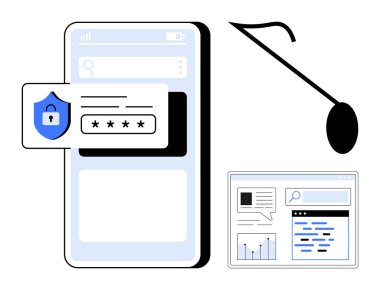 Şifre giriş formlu akıllı telefon, phishing hook, ve veri analiz kontrol paneli. Siber güvenlik, sahte önleme, çevrimiçi güvenlik, güvenli uygulamalar, veri analizi, gizlilik eğitimi için ideal