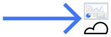 Mavi ok, bulut simgesinin yanındaki çizelgelerle birlikte analitik gösterge panelini gösteriyor. Veri analizi, bulut depolama, teknoloji, iş büyümesi, dijital erişim, çevrimiçi çözümler, basit iniş