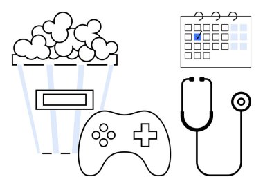 Patlamış mısır kovası, video oyun kumandası, steteskop ve boş zaman, sağlık ve planlama tarihlerini birleştiren işaretli takvim. Sağlık, iş-yaşam dengesi, sağlık hizmetleri üretkenlik yaşam tarzı için ideal